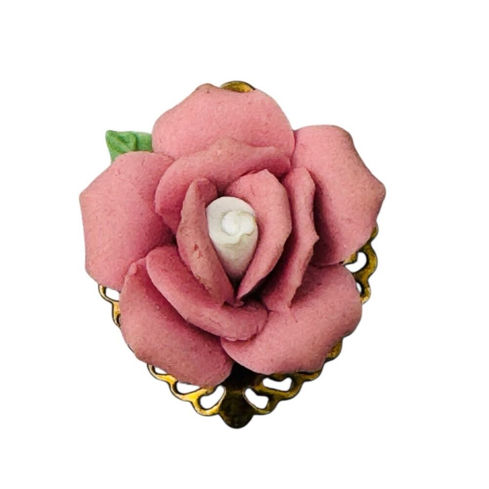 Vintage Pink Porcelain Rose Heart Gold Toned Pendant